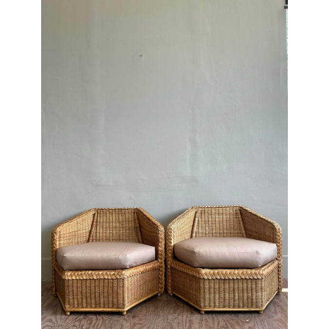 Mid-Century Modern Vintage Coastal Brown Jordan Faceted Rattan Lounge Chairs - A Pair For Sale - Image 3 of 12