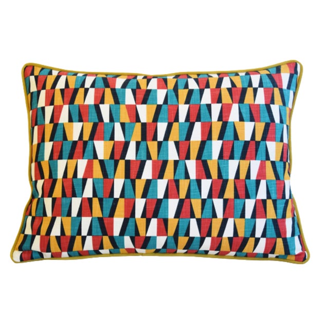 Early 21st Century Designers Geometric Teal/Red/White/Gold Feather/Down Pillow 24" X 18" For Sale - Image 5 of 6