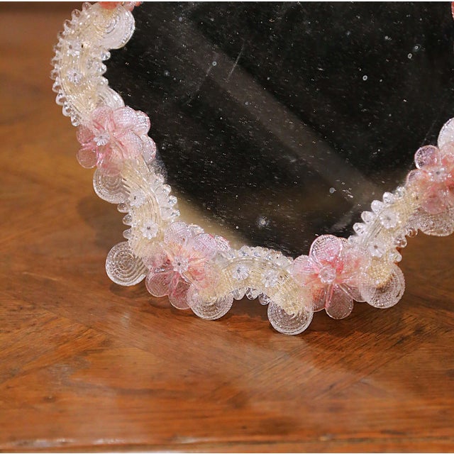 Mid-Century Italian Murano Glass Vanity Mirror With Pink Flowers For Sale - Image 4 of 8