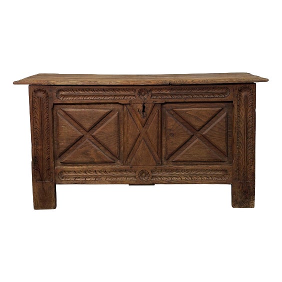19th Century Rustic Oak Chest with Decorated Panels and Crosses For Sale