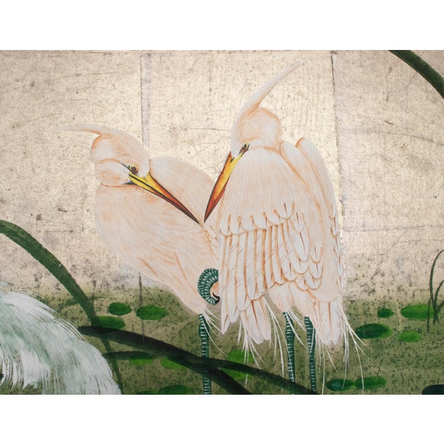 Silver C. 1970s Japanese Style Screen "Egrets" on Silver Background For Sale - Image 8 of 18