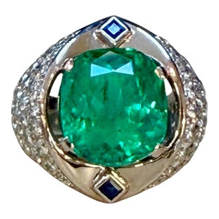 9 Ct Cushion Colombian Emerald & Diamond 2.5 Ct Ring Platinum Ring, Estate For Sale