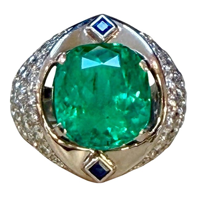 9 Ct Cushion Colombian Emerald & Diamond 2.5 Ct Ring Platinum Ring, Estate For Sale