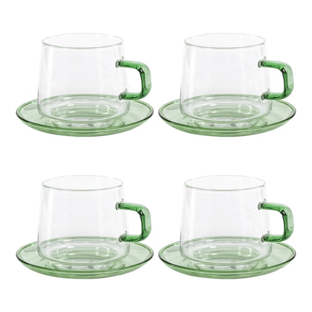 Bergamo Glass Tea & Coffee Cups and Saucers - Green, Set of 4 For Sale