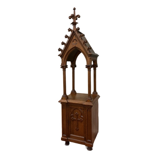 Antique French Gothic Revival Statuary Niche Cabinet Pedestal Altar Oak Late 19c For Sale