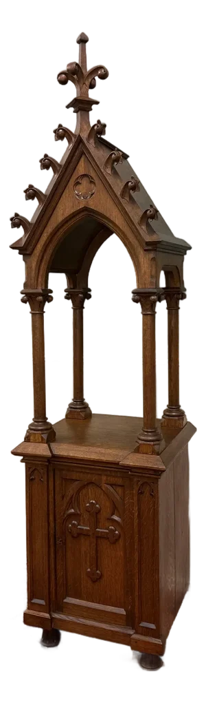 Antique French Gothic Revival Statuary Niche Cabinet Pedestal Altar Oak Late 19c