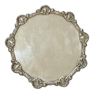 Antique English Footed Silver Plate Salver Tray With Chased Shell Border For Sale