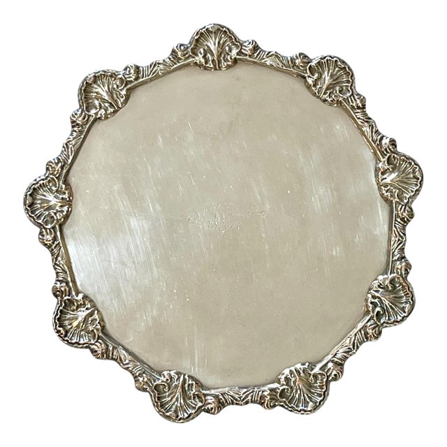Antique English Footed Silver Plate Salver Tray With Chased Shell Border For Sale