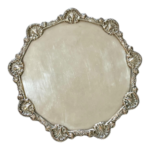 Antique English Footed Silver Plate Salver Tray With Chased Shell Border