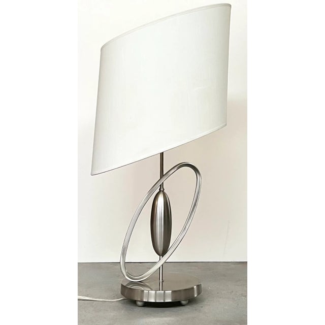 Postmodern Sculptural Diagonal Ring Table Lamp With Shade — Brushed Stainless Finish For Sale In Salt Lake City - Image 6 of 7