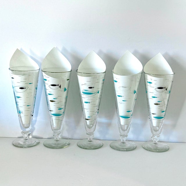 Vintage Mediterranean Atomic Fish Pilsner Glasses by Libbey ~ Set of 5 ~ Mid-Century Modern, Aqua Blue and Black With...
