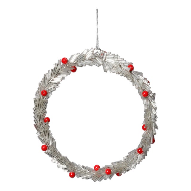 Festive Beaded Ornaments with Red Berries, Set of 12, Silver Round, 6" For Sale