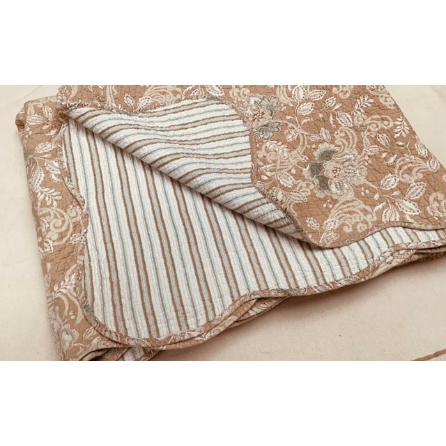 Cornflower Blue Vintage French Boutis Quilt, Pastel Floral Toile & Stripe, Queen Size For Sale - Image 8 of 12