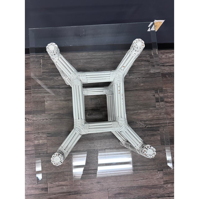 1970s Vintage White Faux Bamboo Rattan Glass-Top Table For Sale - Image 5 of 5