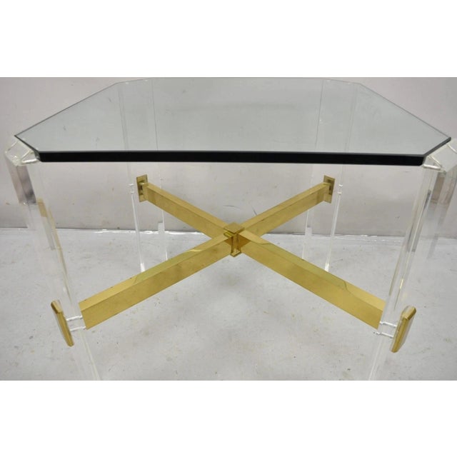 Late 20th Century Vintage Mid Century Modern Lucite & Glass Brass Stretcher Occasional Side Table For Sale - Image 5 of 12