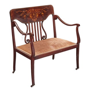 Early 20th Century Edwardian Mahogany Settee/Bench With Mother of Pearl and Satinwood Inlay For Sale