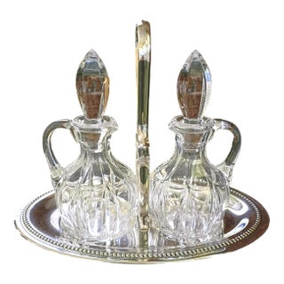 1940s French Antique Crystal & Silver Plate Cruet Serving Set Pair For Sale