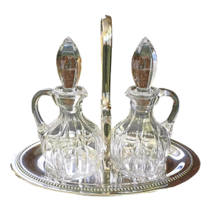 1940s French Antique Crystal & Silver Plate Cruet Serving Set Pair