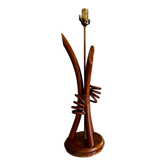 Rattan and Wood Hourglass Style MCM Sculptural Lamp For Sale