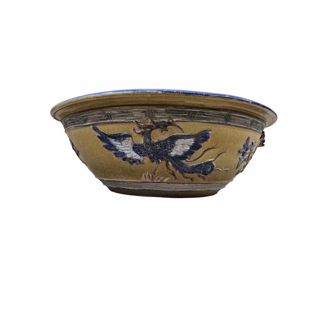 Yellow Antique Yellow and Blue-Glazed Planter Pot From Guangdong Province With Stand For Sale - Image 8 of 10