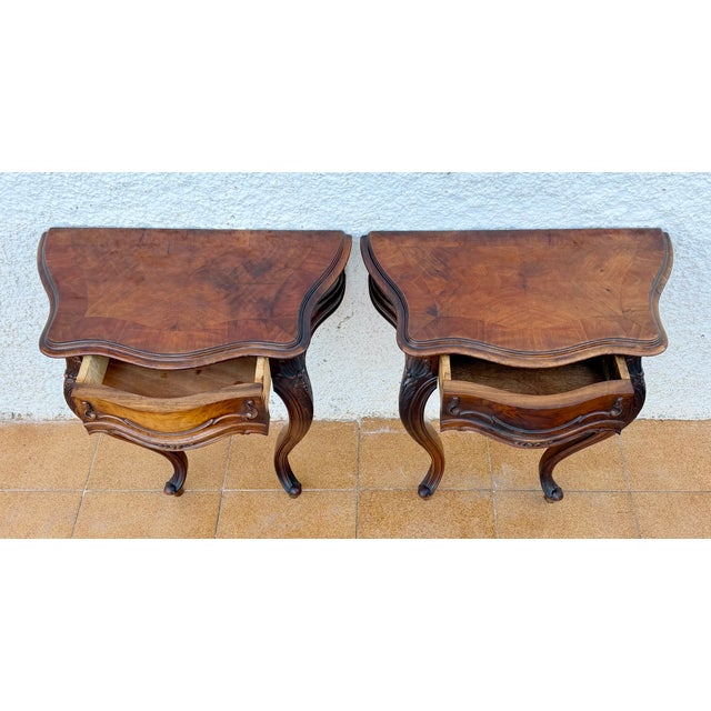 Brown 1930s Pair of French Louis XV Style Walnut Wall-Mounted Bedside Tables For Sale - Image 8 of 18