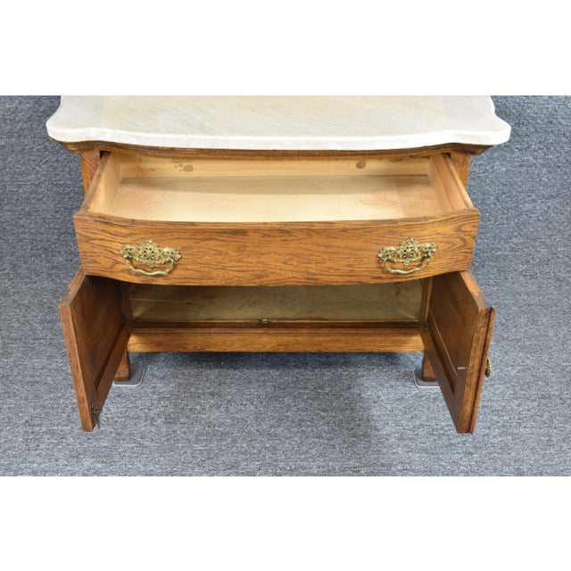 Brown Antique Serpentine Marble Top Tiger Oak Dresser Entry Washstand For Sale - Image 8 of 12