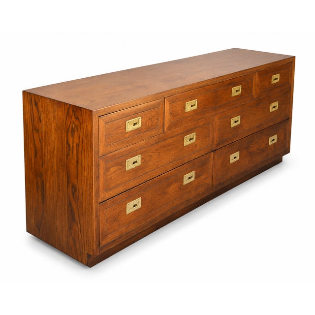 Campaign Henredon Campaign Style Triple Dresser / Credenza in Warm Walnut With Brass Hardware For Sale - Image 3 of 11