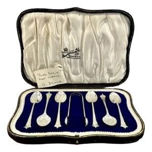 Antique Silver Teaspoons & Sugar Tongs, 1900s, Set of 8