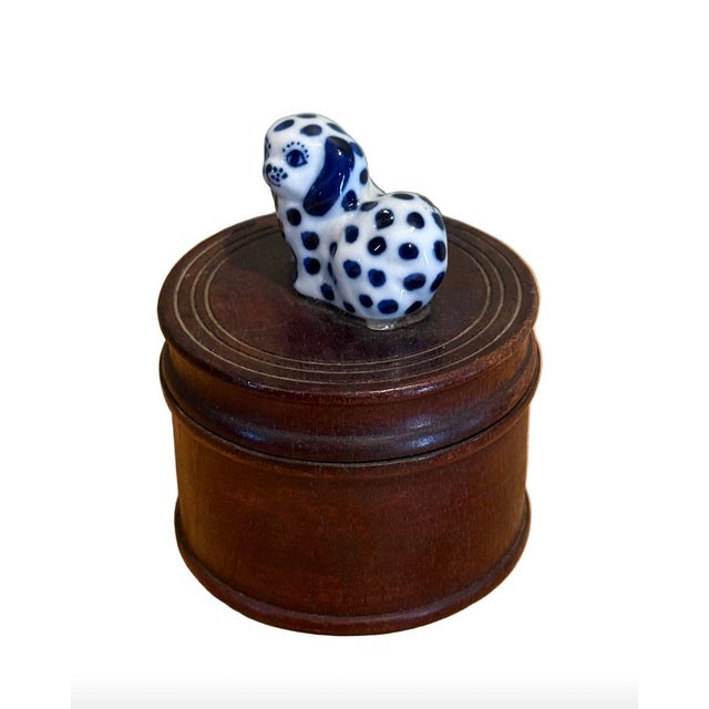 Late 20th Century Thai Turned Wood Trinket Box With Blue & White Ceramic Dog Finial For Sale - Image 4 of 9