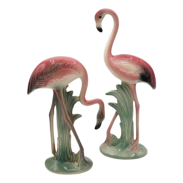 1950s Mid-Century Matching Pink Flamingo Ceramic Tabletop Vase Set by Brad Keeler, A Pair For Sale