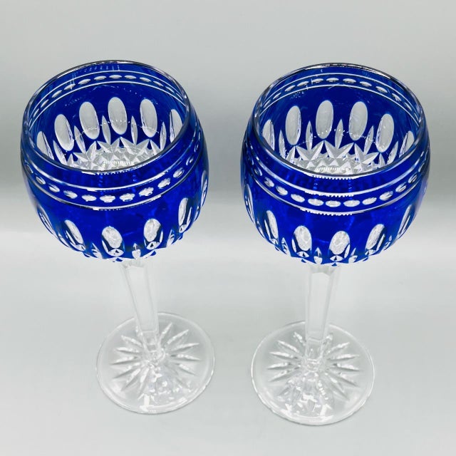 Vintage Crystal Clarendon Hock Wine Glasses from Waterford, Blue Cut in Clear, 1980s, Set of 2 For Sale - Image 4 of 16