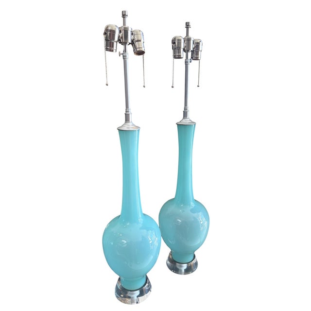 Pair of Mid Century Modern Blue Murano Glass Table Lamps.