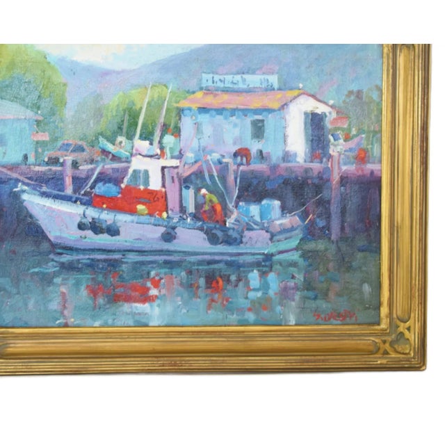 Silvio Silvestri, Listed Artist Nautical Coastal Boating Mendocino Harbor Ca Oil Painting Including the Antiqued Gold Wood Frame For Sale - Image 4 of 11