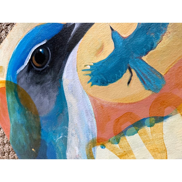 This 20” x 16” painting is acrylic with bits of mixed media. This painting was create on unstretched canvas and then...