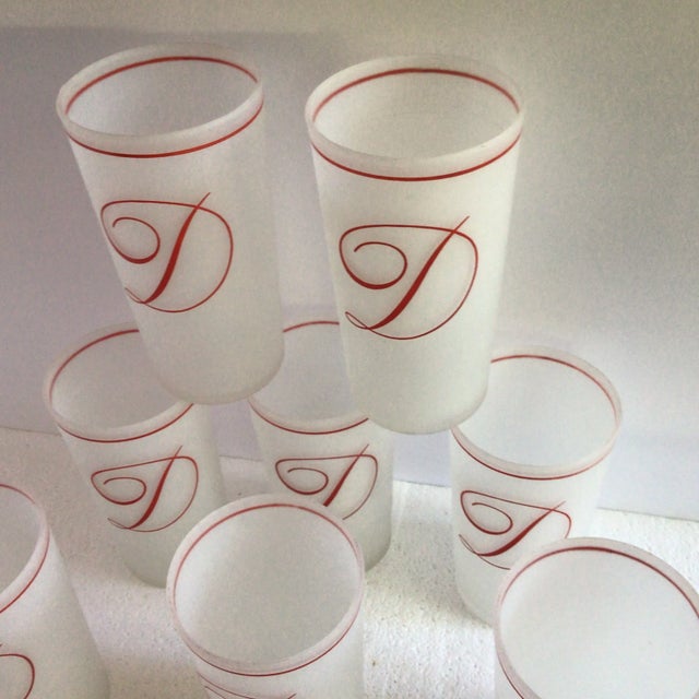 Vintage Federal Frosted Highball Glasses Embossed With a Cursive Red D- Set of 8 For Sale - Image 10 of 13