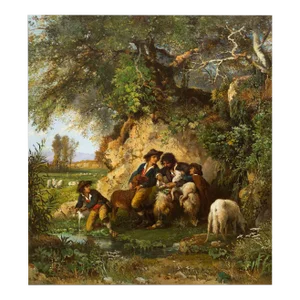 Rare Landscape Painting of Shepherds and Injured Lamb by Hermann Corrodi