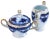 Antique Carlsbad creamer and sugar dish with intricate hand-painted blue pattern and gold embellishment. Creamer, 4.25"L x...