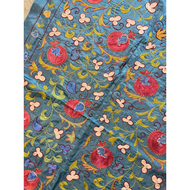 Blue Silk Suzani Wall Decor With Red Pomegranates For Sale - Image 10 of 10