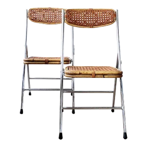 1960s Mid-Century Chrome and Cane Folding Chairs - Set of 2