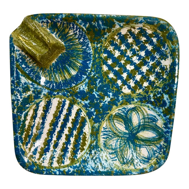 1960s Bitossi for Raymor Italian Mid Century Modern Blue and Green Ceramic Ashtray Catch All Dish For Sale