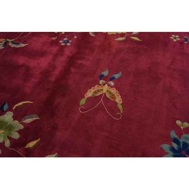 Early 20th Century 1920s Pink Floral Modern Antique Chinese Art Deco Rug 9'0" X 11'6" Handknotted Wool Carpet For Sale - Image 5 of 6