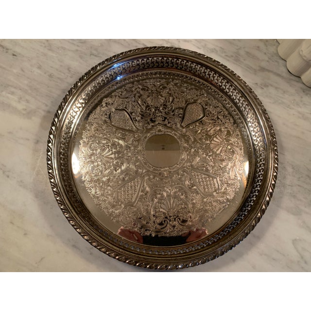 Oneida Vintage Round Gallery Silver Tray For Sale - Image 4 of 9