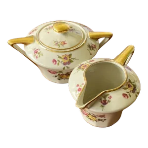 1950s Ch Field Haviland / Limoges Finest French Ivory China Roses Cream & Sugar Bowl Set- 2 Pieces