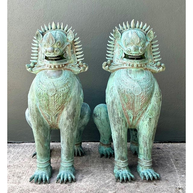 Mid 20th Century Vintage Verdigris Bronze Temple Lions - A Pair For Sale - Image 5 of 17