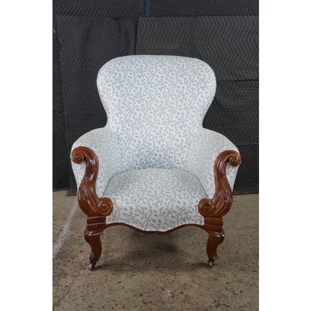 Antique Victorian Carved Walnut Spoon-Back Blue Floral Salon Armchair C. 1880s For Sale - Image 9 of 18