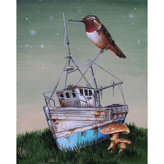 Rough Seas by Patrick Maxcy | Acrylic on Canvas Fishing boat with a bird and mushrooms. For Sale