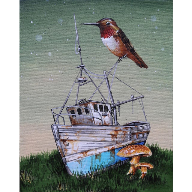 Rough Seas by Patrick Maxcy | Acrylic on Canvas Fishing boat with a bird and mushrooms. For Sale