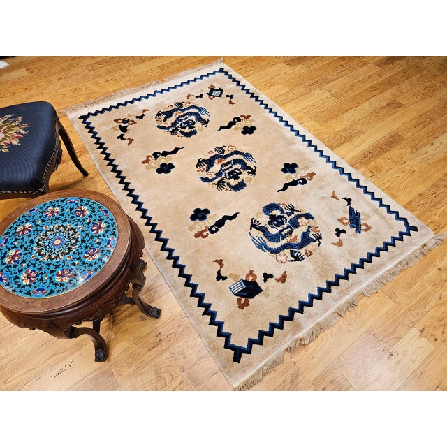 Chinese Vintage Chinese Art Deco Area Rug with Dragons, 1920s Allover Design, 4' x 6' For Sale - Image 3 of 13