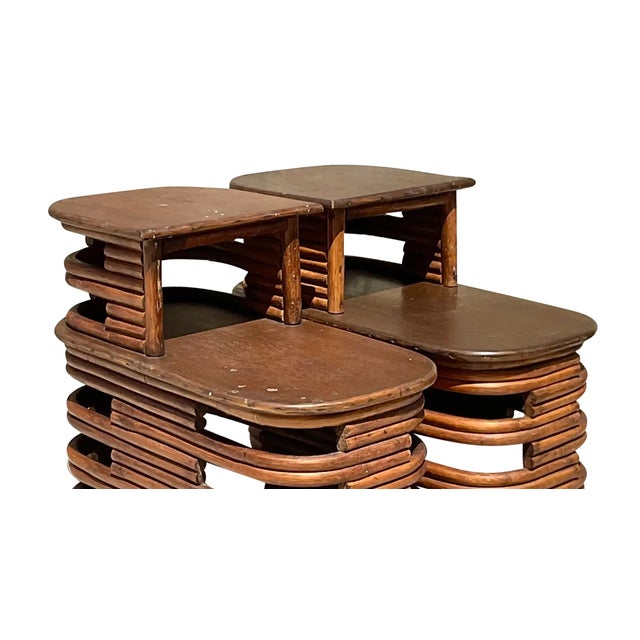 Camel Mid 20th Century Vintage Coastal Paul Frankl Stacked Rattan Side Tables - a Pair For Sale - Image 8 of 12