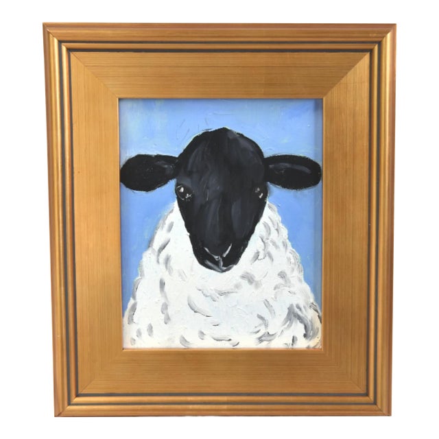 Charming Folk Art Woolly Sheep Lamb Portrait Oil Painting Including the Antiqued Gold Wood Frame For Sale